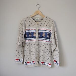 Vintage Cottage Cove Cardigan Knit Sweater Teddy Bear Hearts Size Medium